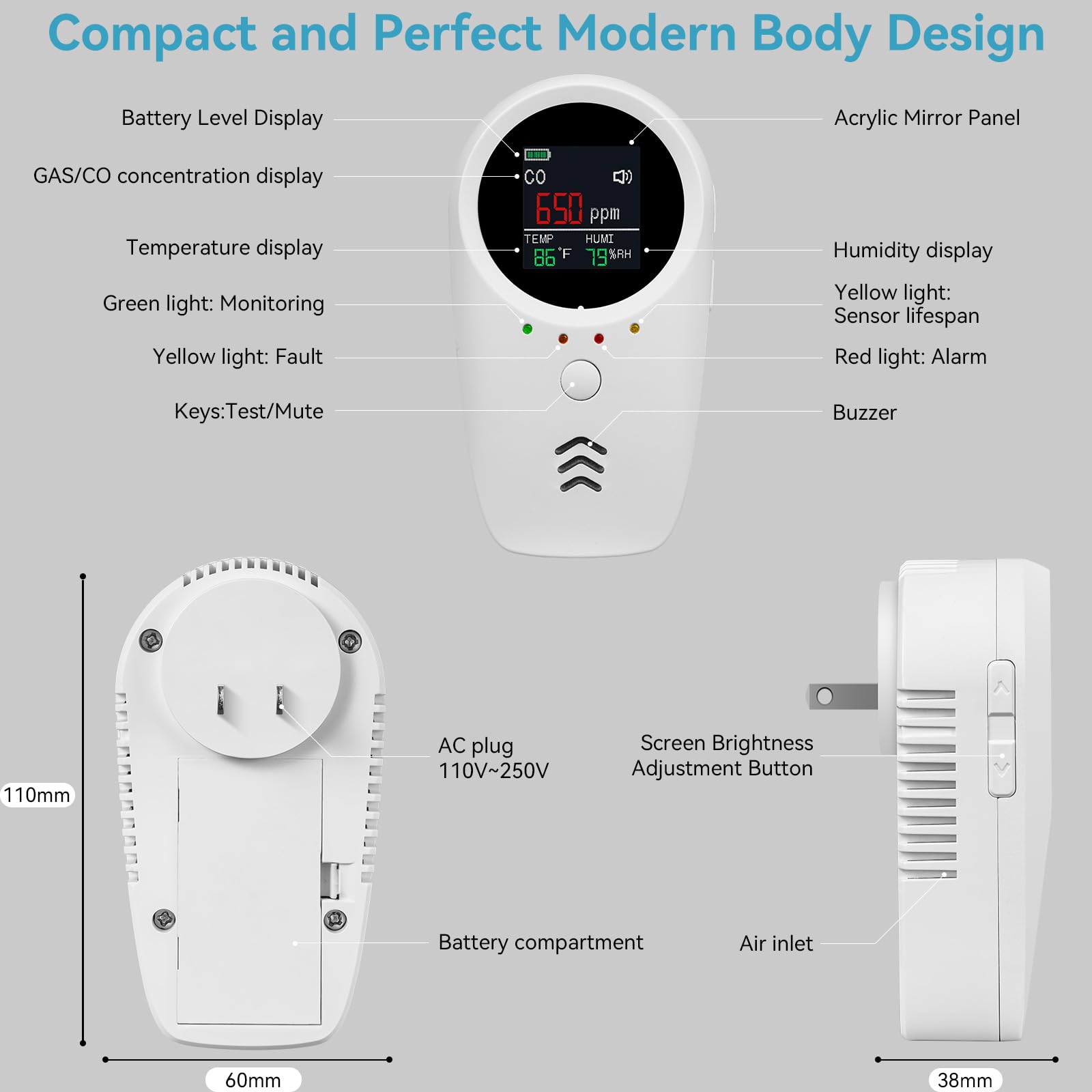 5-in-1 Carbon Monoxide Detectors,Plug-in Gas Detector with Rechargeable Backup Battery,Monitoring CO Natural Gas Temperature and Humidity Sound Light Alarm Detector,LCD Screen Brightness Adjustable - 4