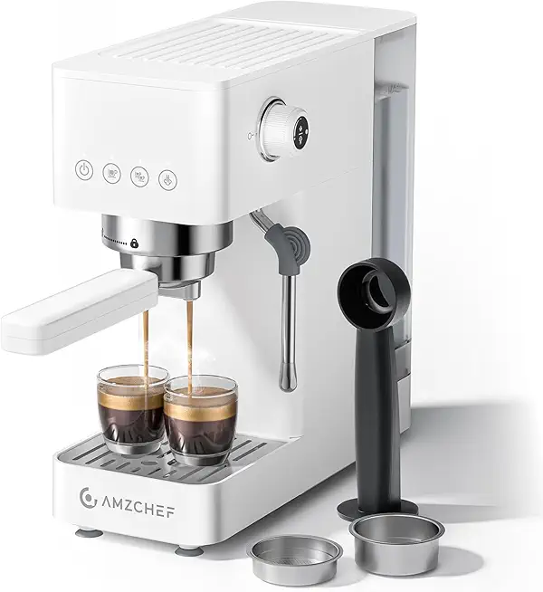 AMZCHEF Siebträgermaschine 20 Bar, Espressomaschine mit professionellem Milchaufschäumer, Klein Kaffeemaschine Espresso für Cappuccino, Latte & Macchiato, 1.5L Wassertank,Weiß