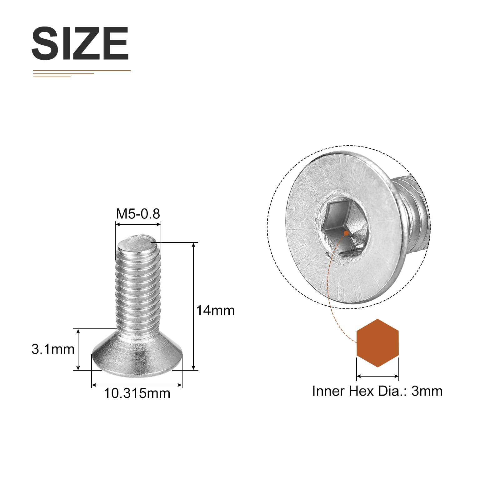 DTGN M5-0.8 x 14mm Flat Head Socket Cap Screws, 100 Pack 304 Stainless Steel Hex Socket Flat Head Screws, Full Thread - Image 2