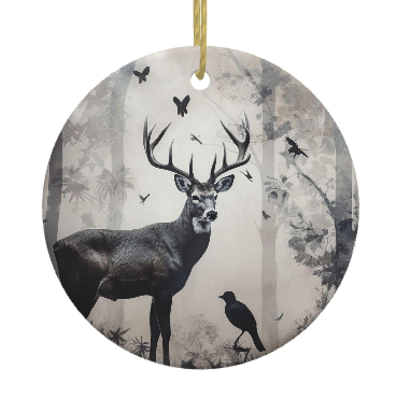Ceramic Christmas Tree Hanging Ornaments with Gold Ropes Christmas Tree Decorations Round Ceramic Hunting Silhouette of Deer Pendant Keepsake Decorations for Holiday Xmas Gift Ideas