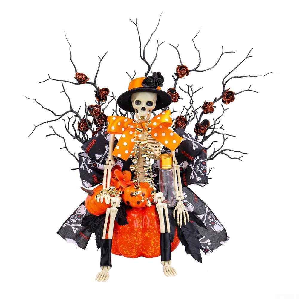 Citrouille squelette avec branches étranges et roses sombres d'Halloween