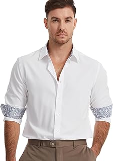 Men's Dress Shirts Long Sleeve Wrinkle-Free Button Down Shirt Men Inner Contrast Stretch Formal Shirts - Buy now