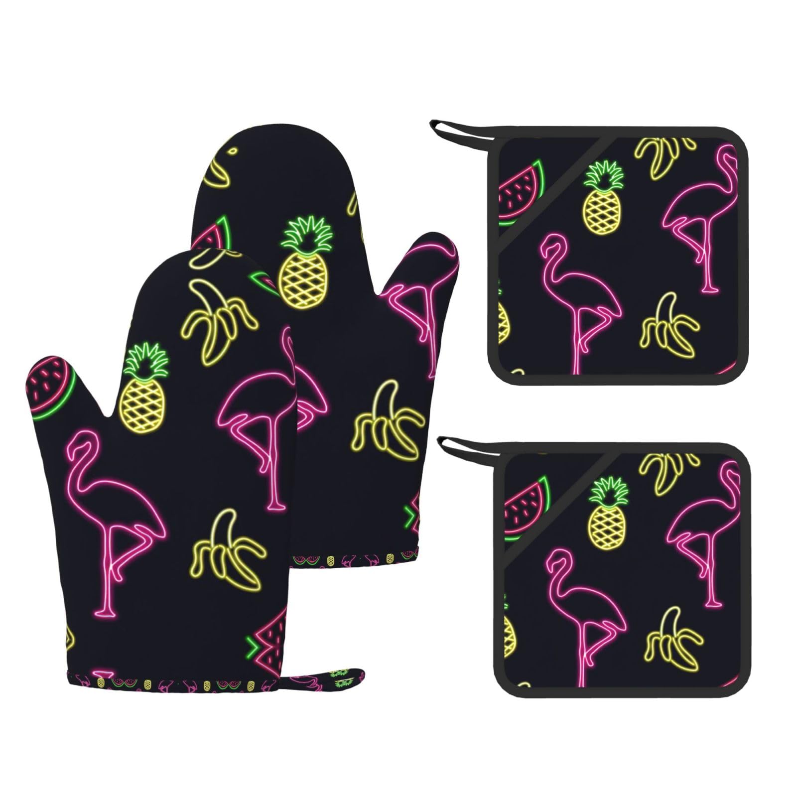 Pineapple Banana Flamingo Printed Oven Gloves and Hot Pads Set of 4, High Heat Resistant Silicone Mitts for Cooking BBQ