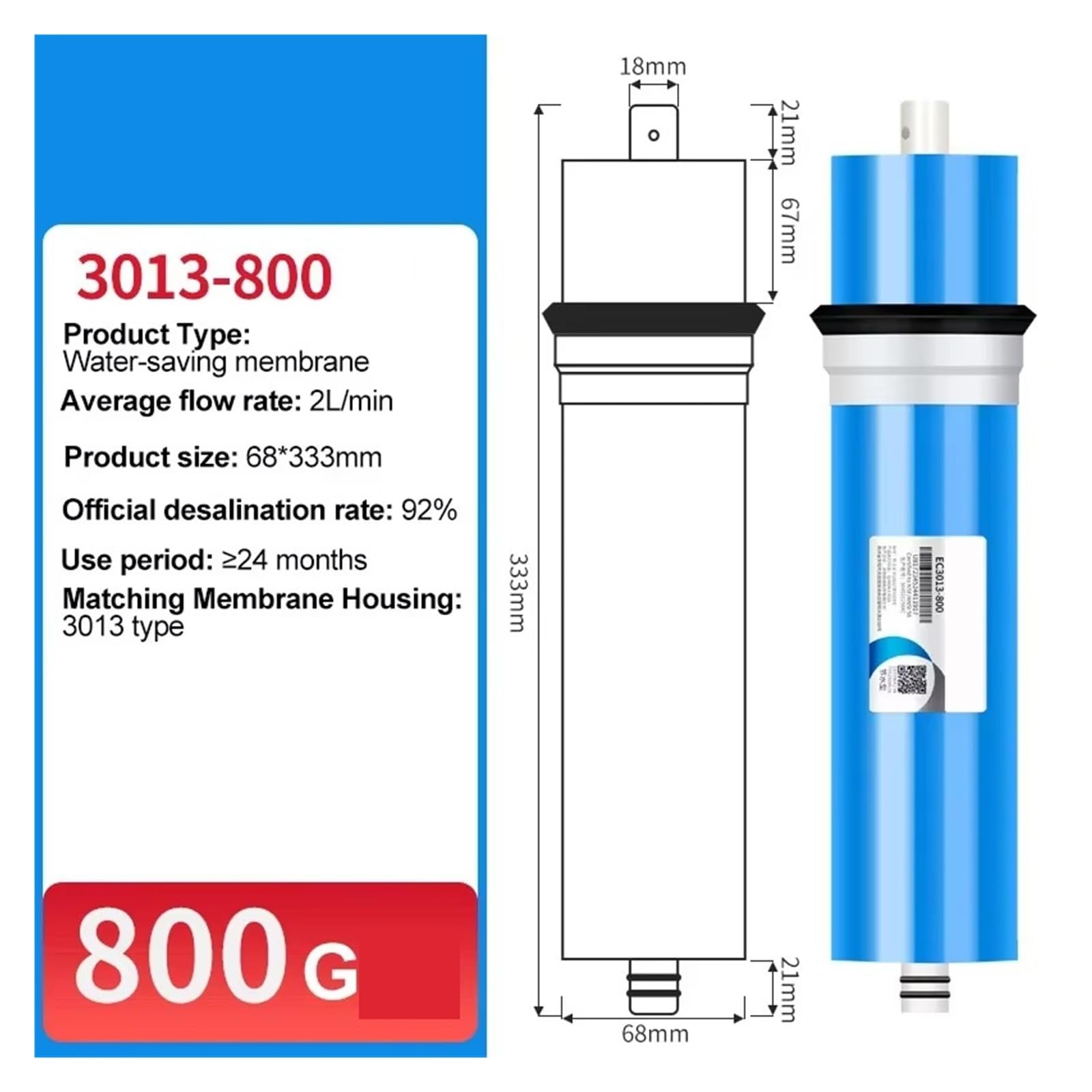 Reemplazo de filtro de membrana de ósmosis inversa universal de 800 GPD, membrana RO 3013-800, purificador de agua for uso doméstico Debajo del fregadero