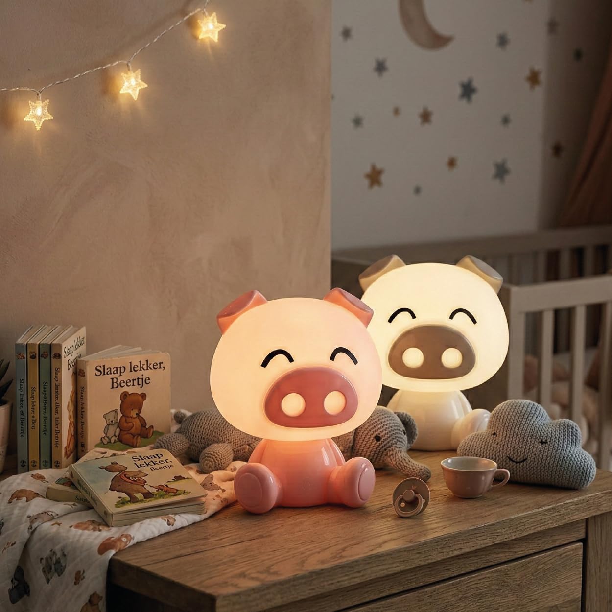 Luxus Europe - Veilleuse enfant Piggy Rose - Veilleuse LED sans fil pour enfants – Rechargeable par USB-C – 7 couleurs RGB – Lampe de table pour chambre d’enfant