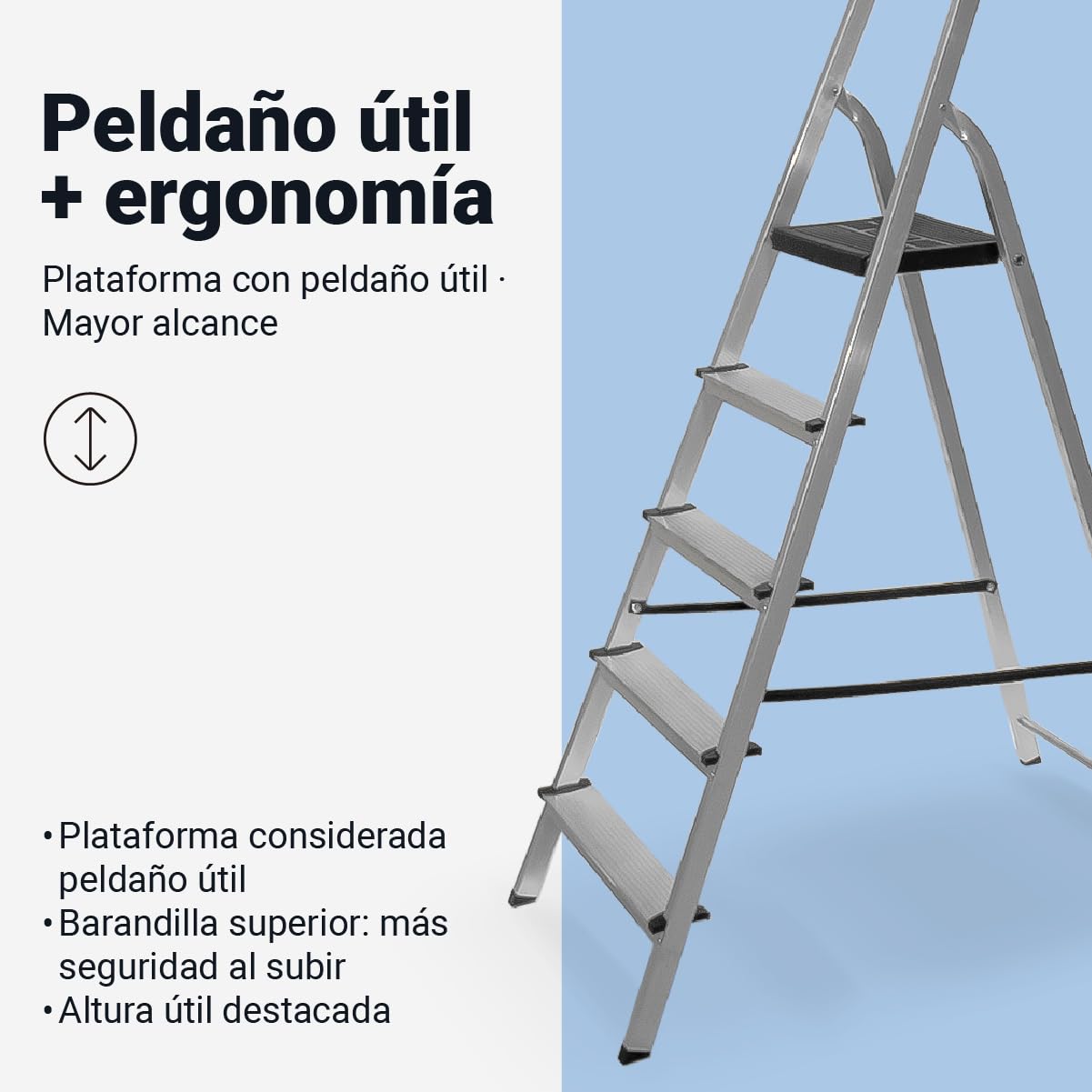 Escalera Plegable de Aluminio, con Barandilla Superior, Pies Antideslizantes, Plataforma de Apoyo, para Uso Doméstico, Peldaños Antideslizantes, Escalera de Tijeras (5 PELDAÑOS)