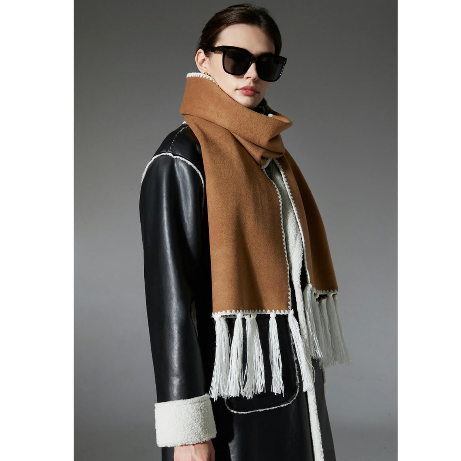 Sciarpa Donna Sciarpa di Nappe A Doppia Faccia Autunnale E Invernale per Donne, Scialli Morbidi E Caldi E Adatti alla Pelle E Avvolge Il Regalo di Natale Idear-cachi-30 * 190 Cm