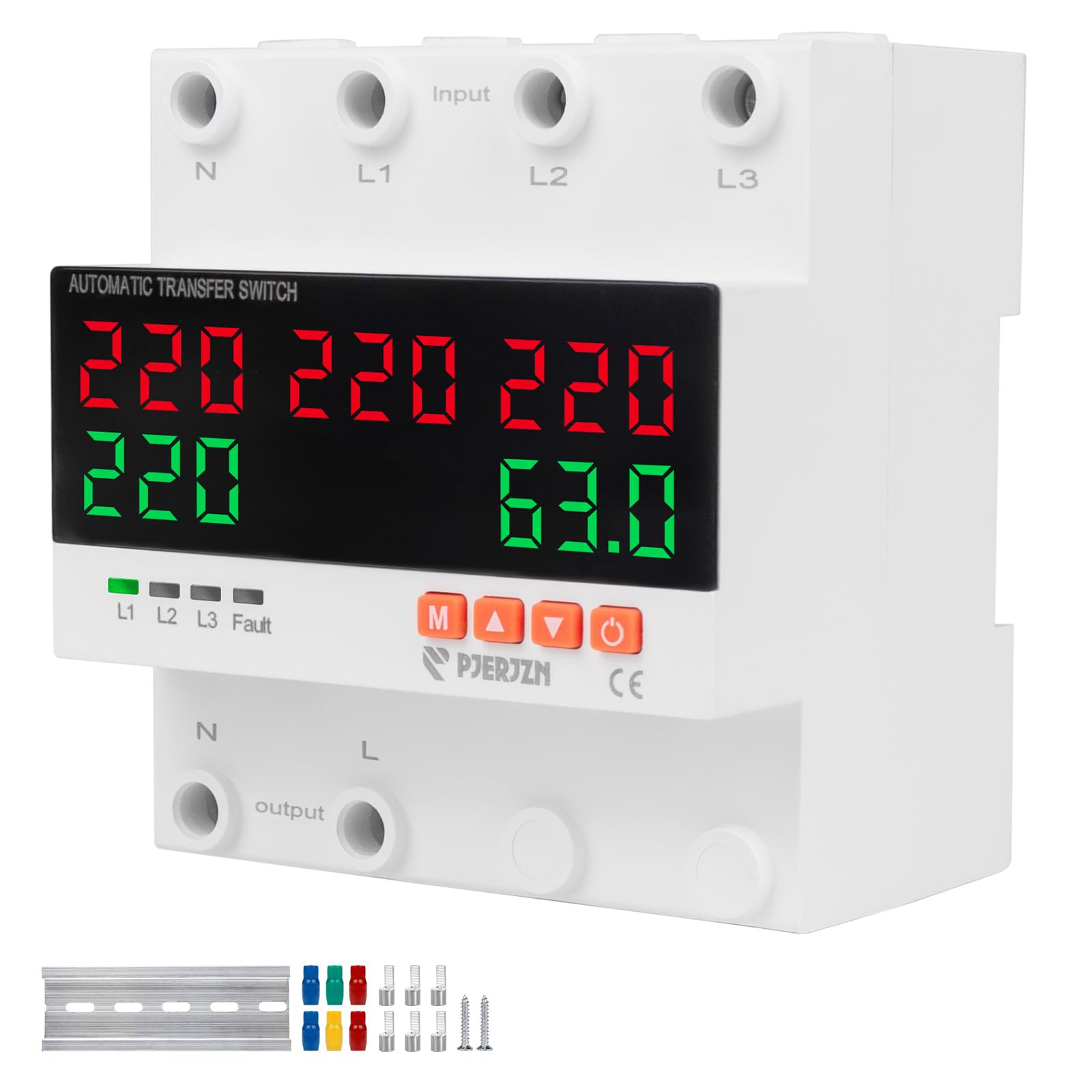 230V Doppelstrom-Automatikumschalter (ATS) - 5-Anzeigen 3-Wege-Stromumschaltung mit Über-/Unterspannungsschutz, Überstromschutz für Netz/Generator/Wechselrichter (63A/100A) (63A)