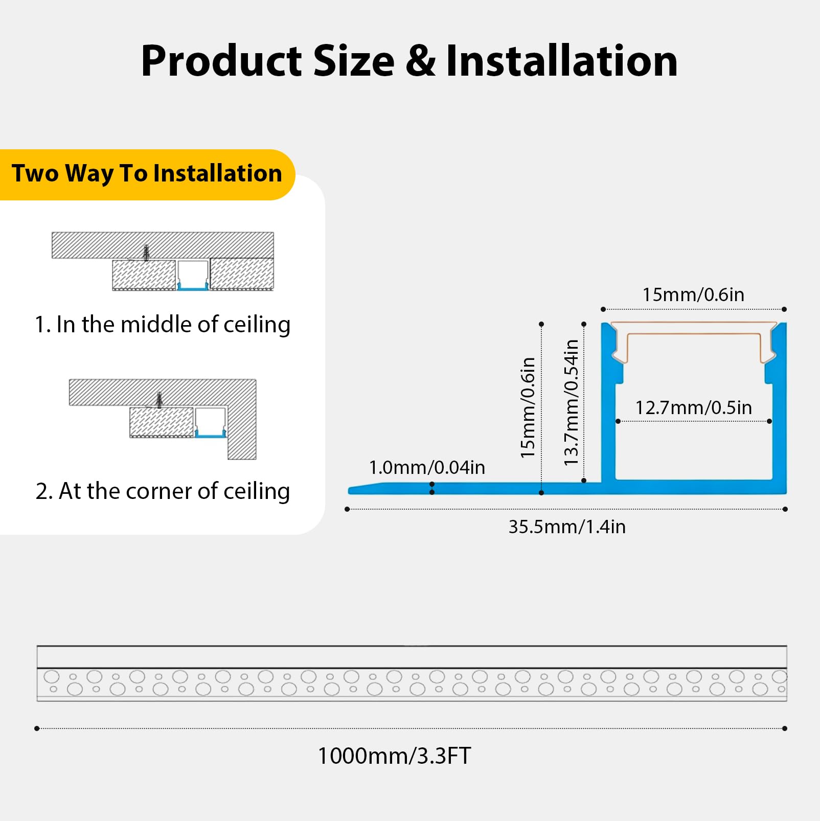 LEDLightsWorld - Perfil led de aluminio para tiras de LED de 15 mm, 6 unidades, perfil de azulejos LED de 3,3 ft/1 m con cubierta lechosa, perfil de aluminio para paneles de yeso, perfil LED de
