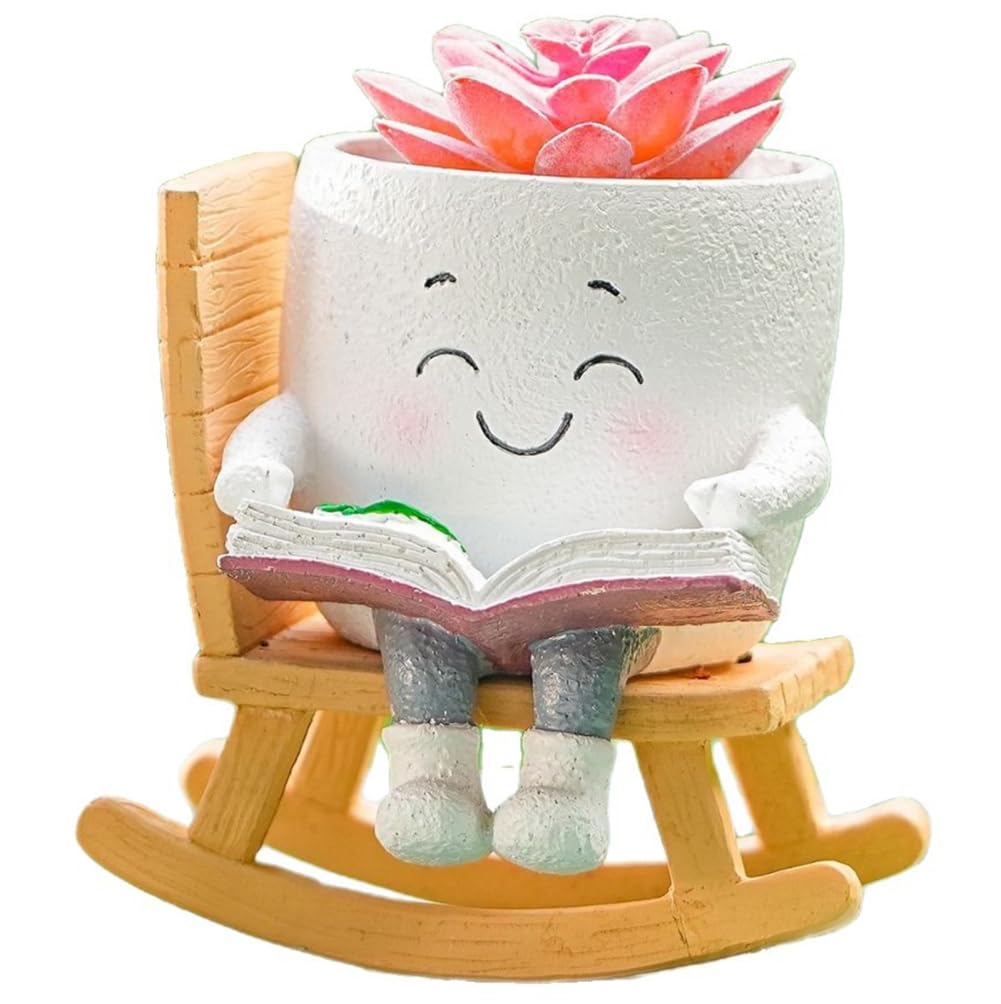 Latemeia Rocking Chair Planter, Cute Resin Head Planter Pot with Drainage, Unique Small Plant Pot for Succulents, Home Desk Decor & Present, White, Ornaments extérieurs