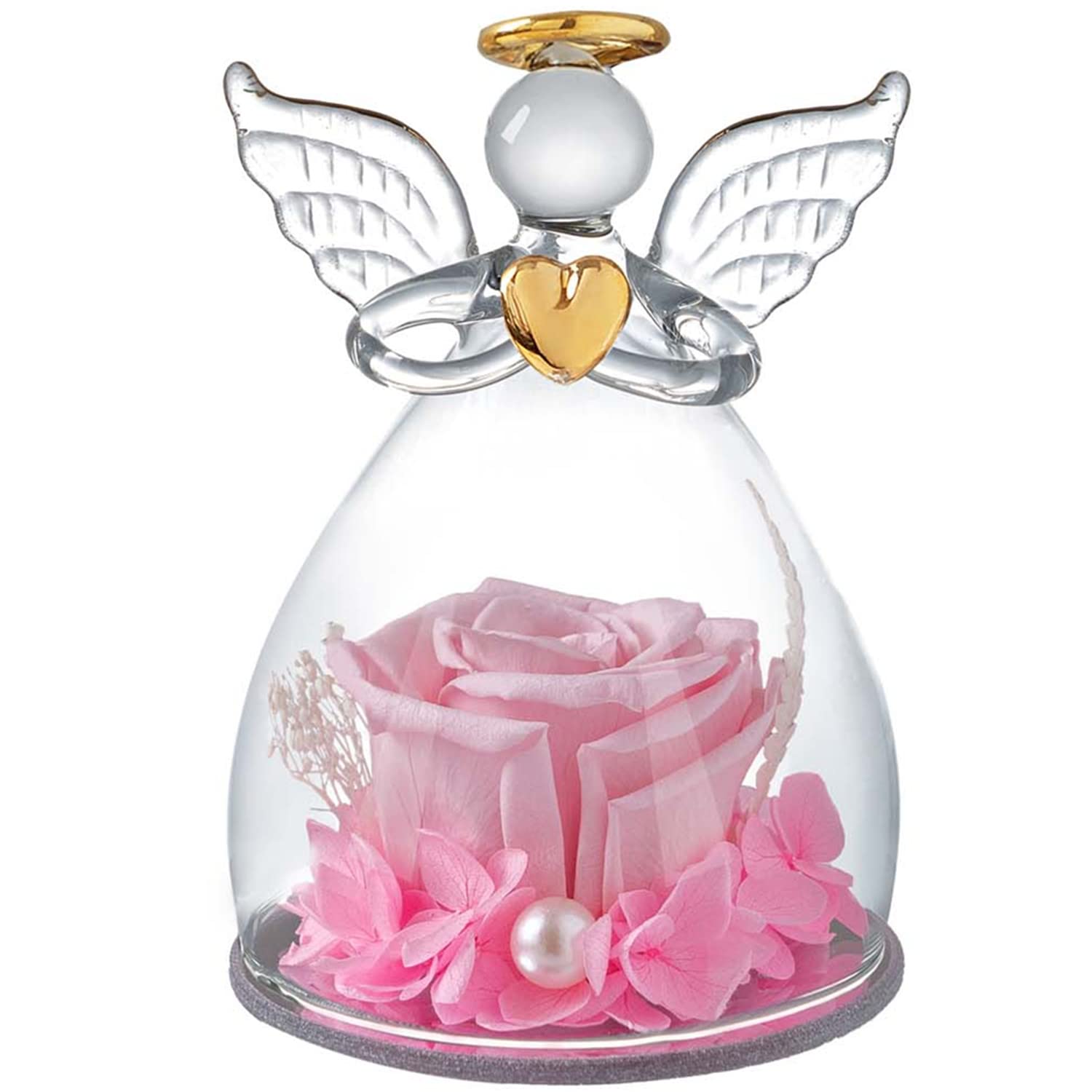 FineUsea Preserved Real Rose in Angel Glass Dome Birthday Gifts for Women Valentine's Day Children's Day Mother's Day Wedding Thanksgiving Christmas Anniversary Any Holiday(Pink )