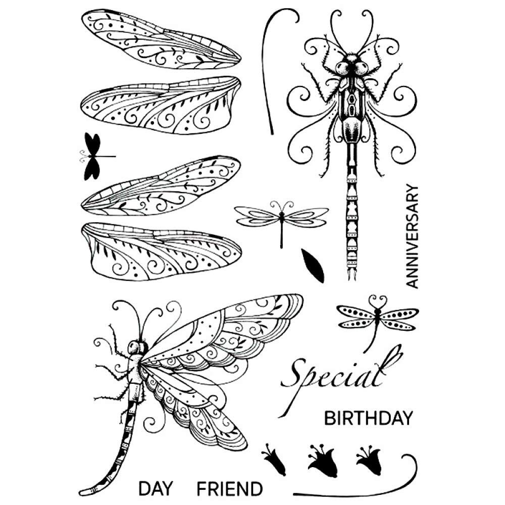 Dragonfly Stamp for Card Making Dragonflies Leaves Flowers, Specifical Birthday,Anniversary, Day Friend, Words Phrase Clear Rubber Stamp for DIY Scrapbooking Paper Crafting Handmade Crafts Art Craft