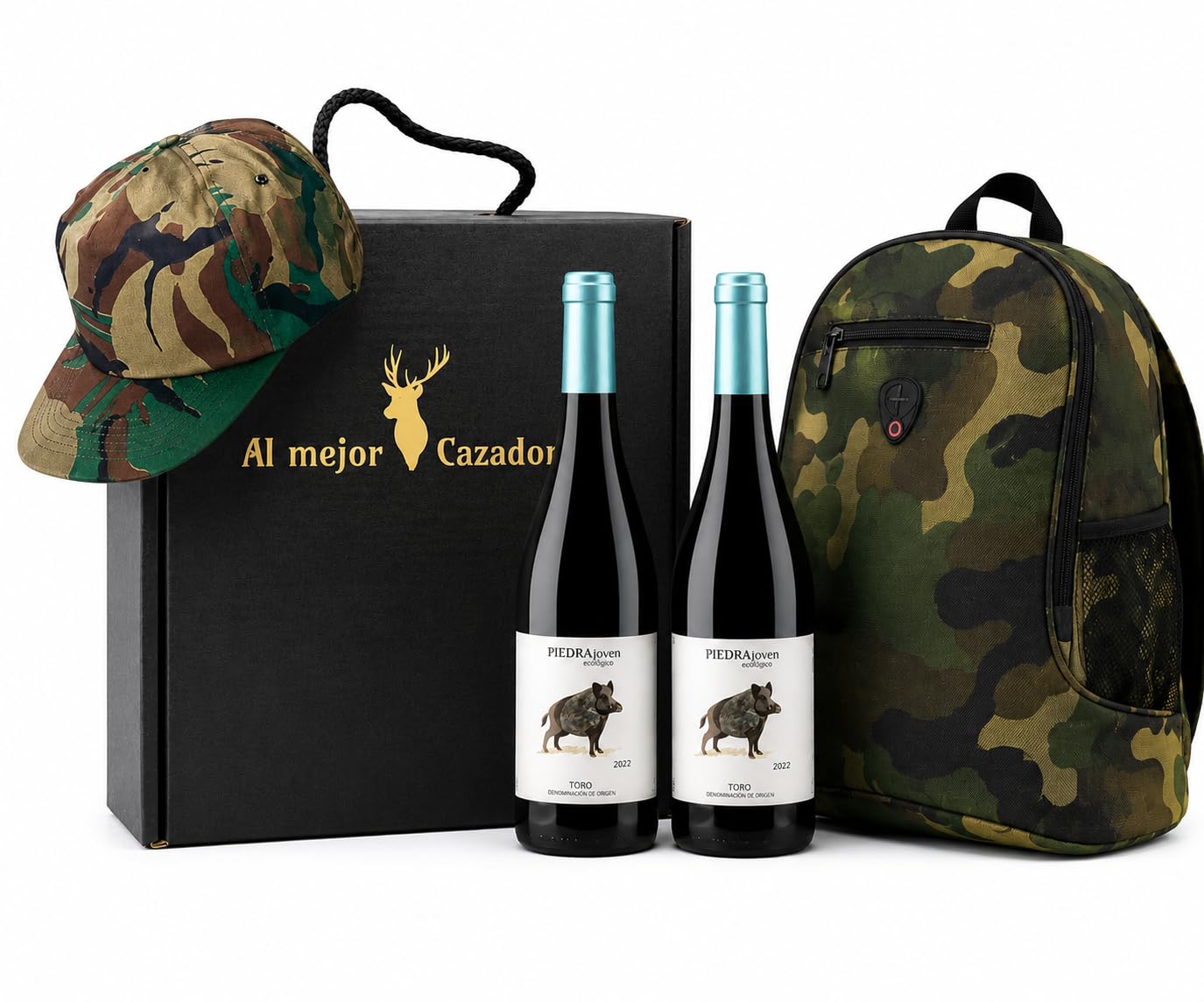 Caja Regalo Vino Tinto – Pack 2 Botellas + Regalo Mejor Cazador con Gorra y Mochila Camuflaje – Estuche Gourmet para Caza, Cumpleaños y Regalos Originales Hombre