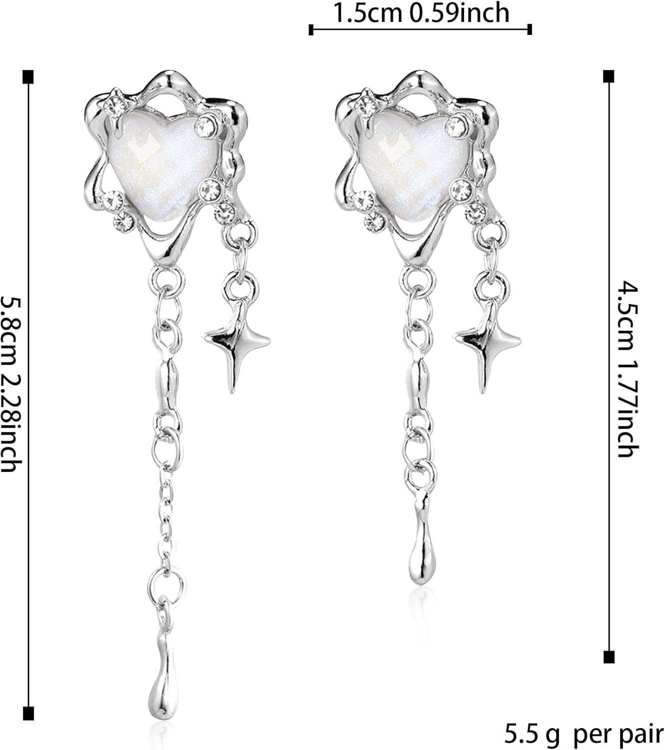 Silver Moonstone Heart Stainless Steel Earrings for Women Star Tassel Dangle Earrings Jewelry Gifts - Image 7
