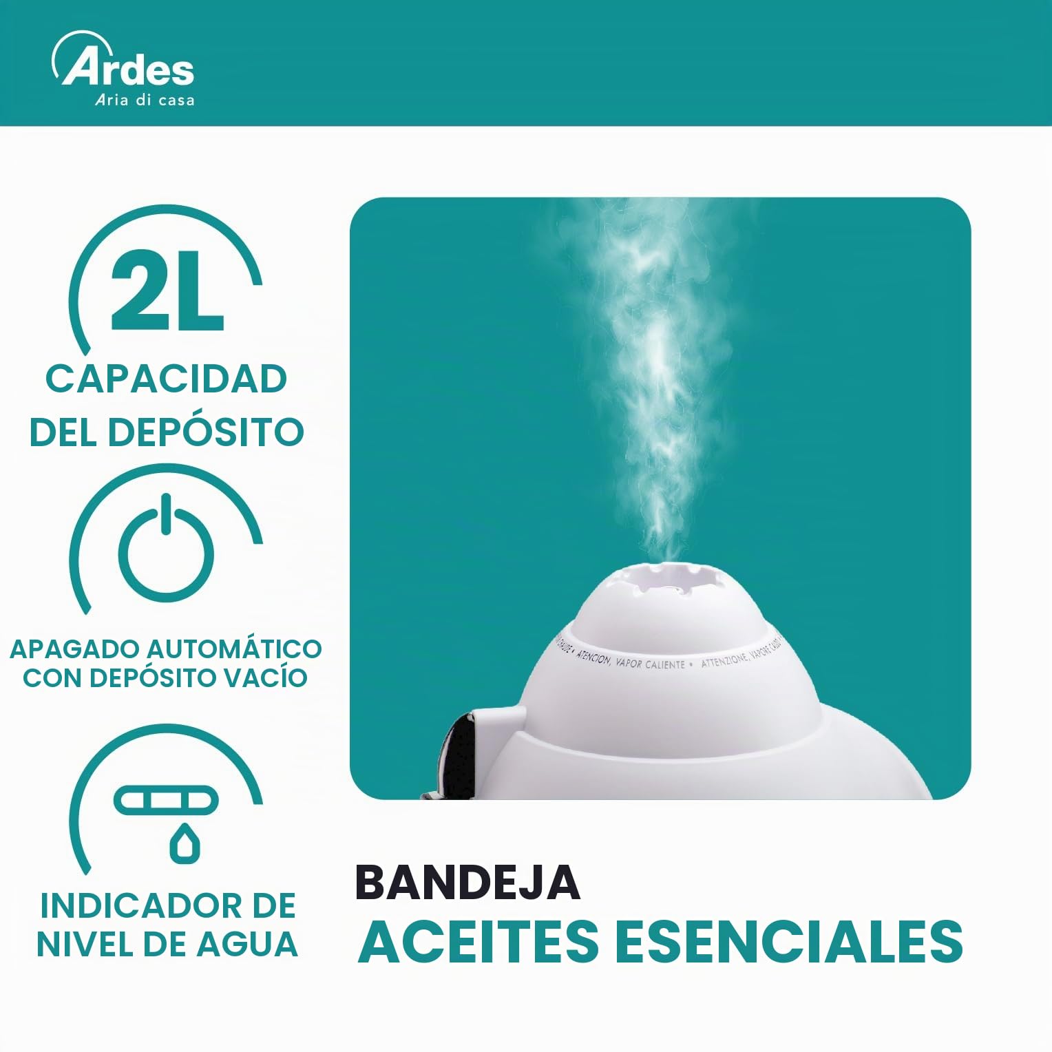 ARDES AR820 Humidificador de Vapor Caliente PACO de Electrodos 400W, Humidificador Vapor Caliente Terapéutico con Vaporizador Regulable y Autoapagado, Capacidad 2 Litros para 8 Horas de Autonomía