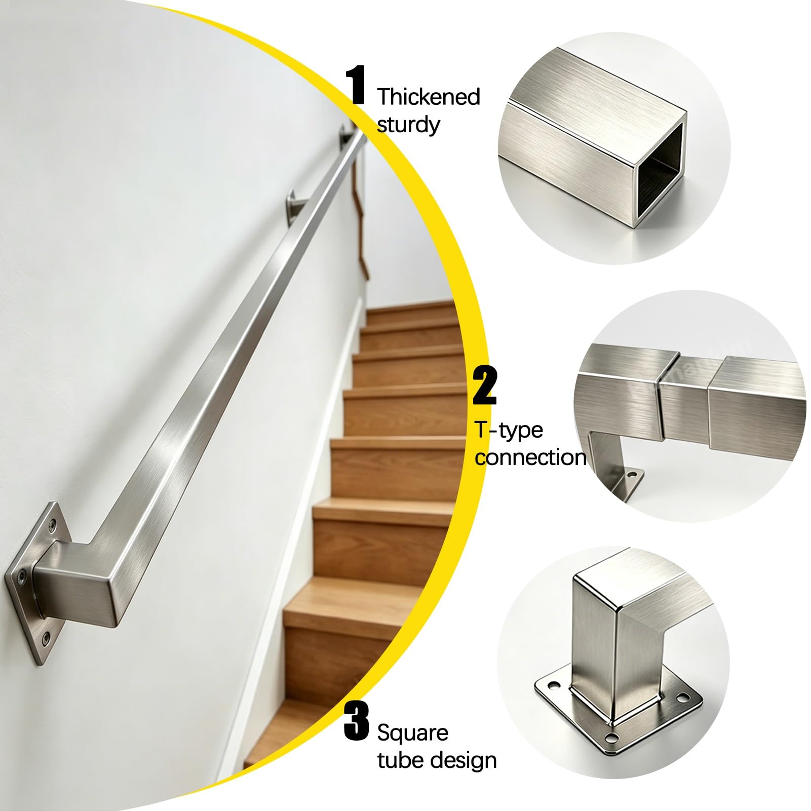 Varilla de soporte tubo cuadrado plateado barandilla de acero inoxidable | Pasamanos de Pared de Alta Resistencia, barandillas de Escalera Modernas Resistentes para sótano de Porche Loft(2.8m)