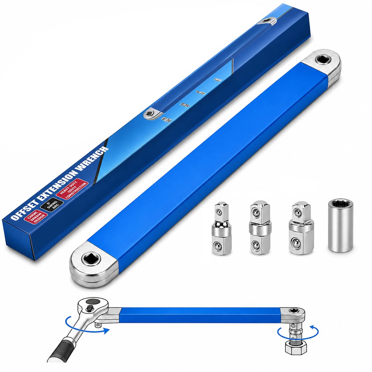 Schraubwerk Offset Schlüssel, Offsets Extension Wrench 39 cm (15 Zoll) Gekröpfter Verlängerungsschlüssel mit 1/4", 3/8", 1/2" Adaptern – Ideal für enge Räume im KFZ-Motorraum – Offset Adapter