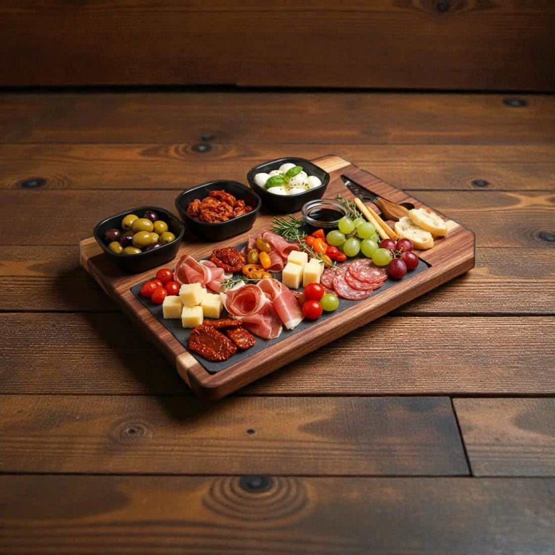 Servierbrett Set PERSONALISIERBAR mit Schieferplatte – Große Antipasti Platte aus Akazienholz inkl. Käsemesser & 3 Schalen – Servierplatte für Käse, Sushi, Tapas & Grill – Käseplatte 40x30 cm