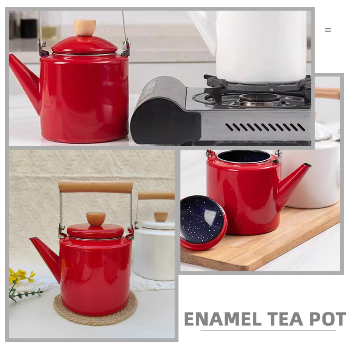 Tetera de Cocina de Esmalte 2, 4 L Mango de Madera Roja