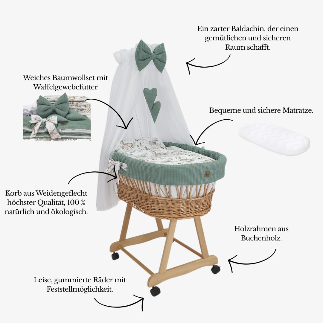 WIKLINOPOL Stubenwagen Lena aus Weide mit Gestell – Moseskorb mit Baldachin, Rollen, Matratze & Bettwäsche aus Waffelstoff mit Rehkitz Khaki, handgefertigt, Natur Bollerwagen