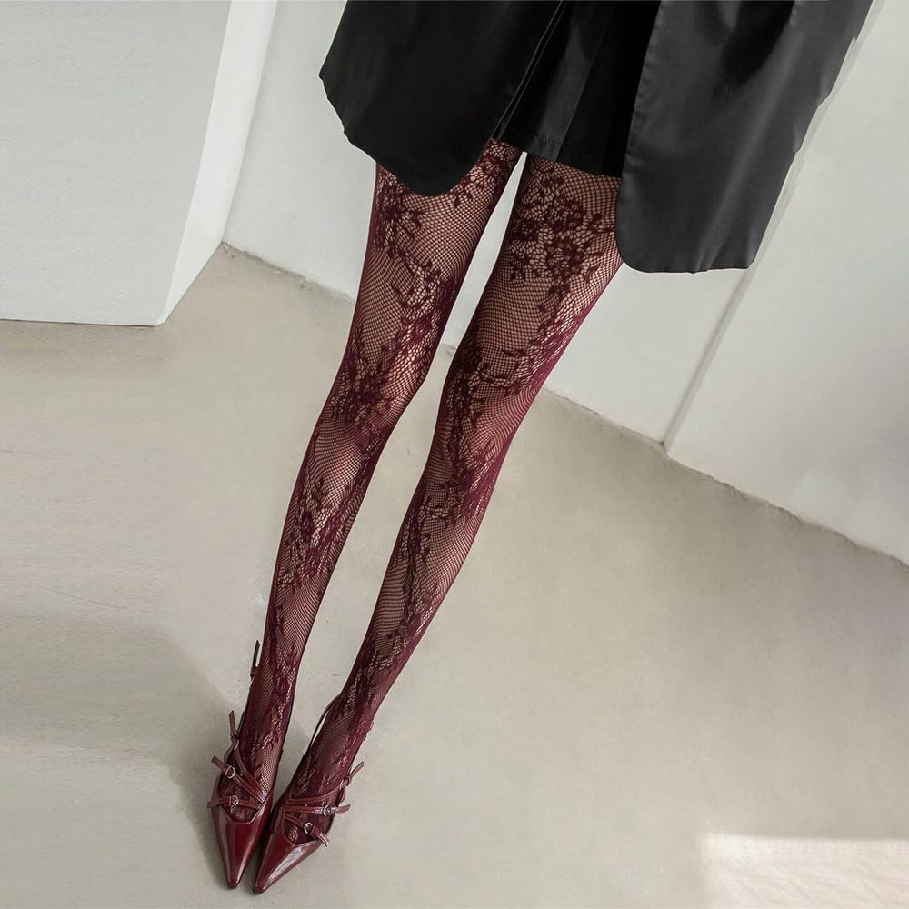 Feng Shui， Collant da Donna con Motivo Floreale in Pizzo, Calze, Leggings a Rete a Rete con Fiori Vuoti, Rosa, graziosi Collant Lolita