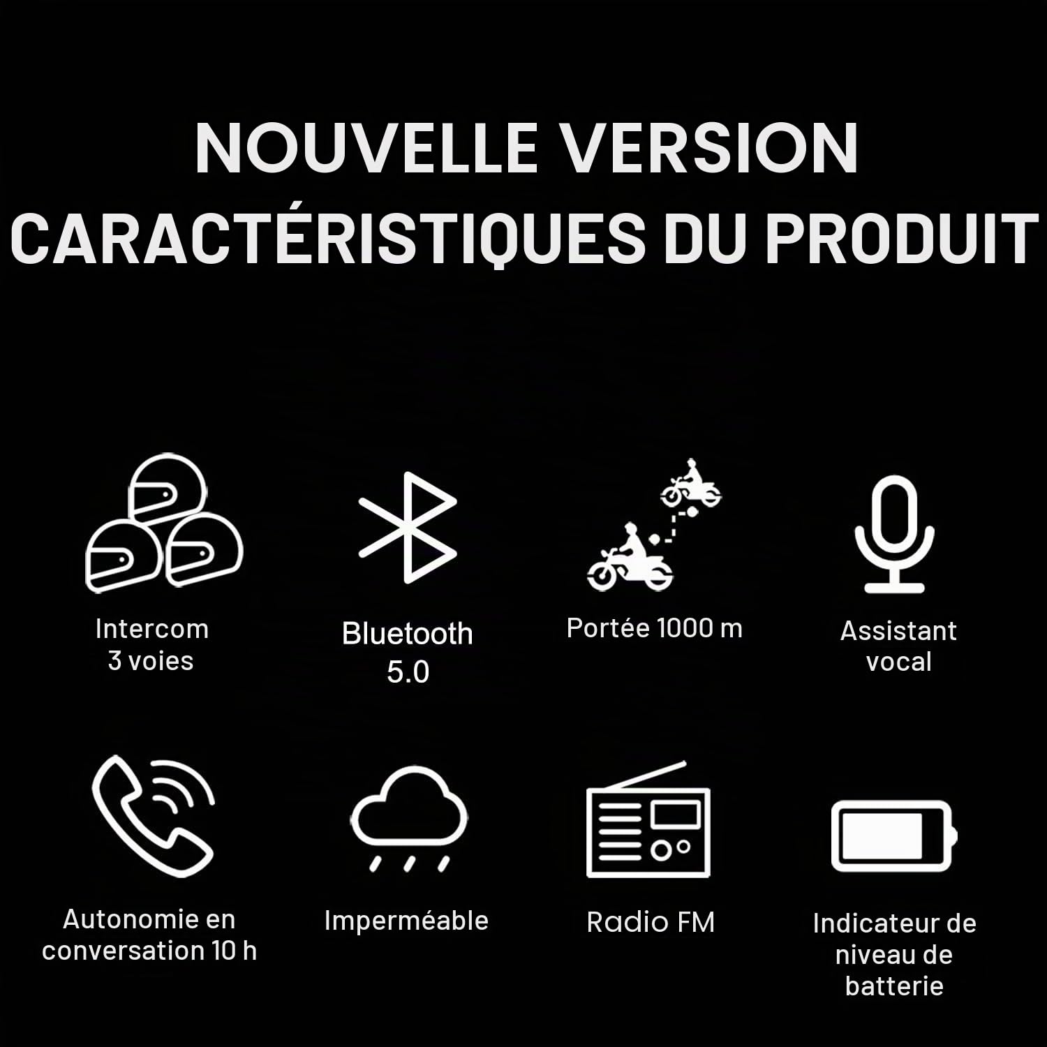 Intercom Moto Duo pour 2 Casques, BT-S2 Kit Oreillette Bluetooth Moto Interphone Main Libre - 2 Pack, Microphone Dur