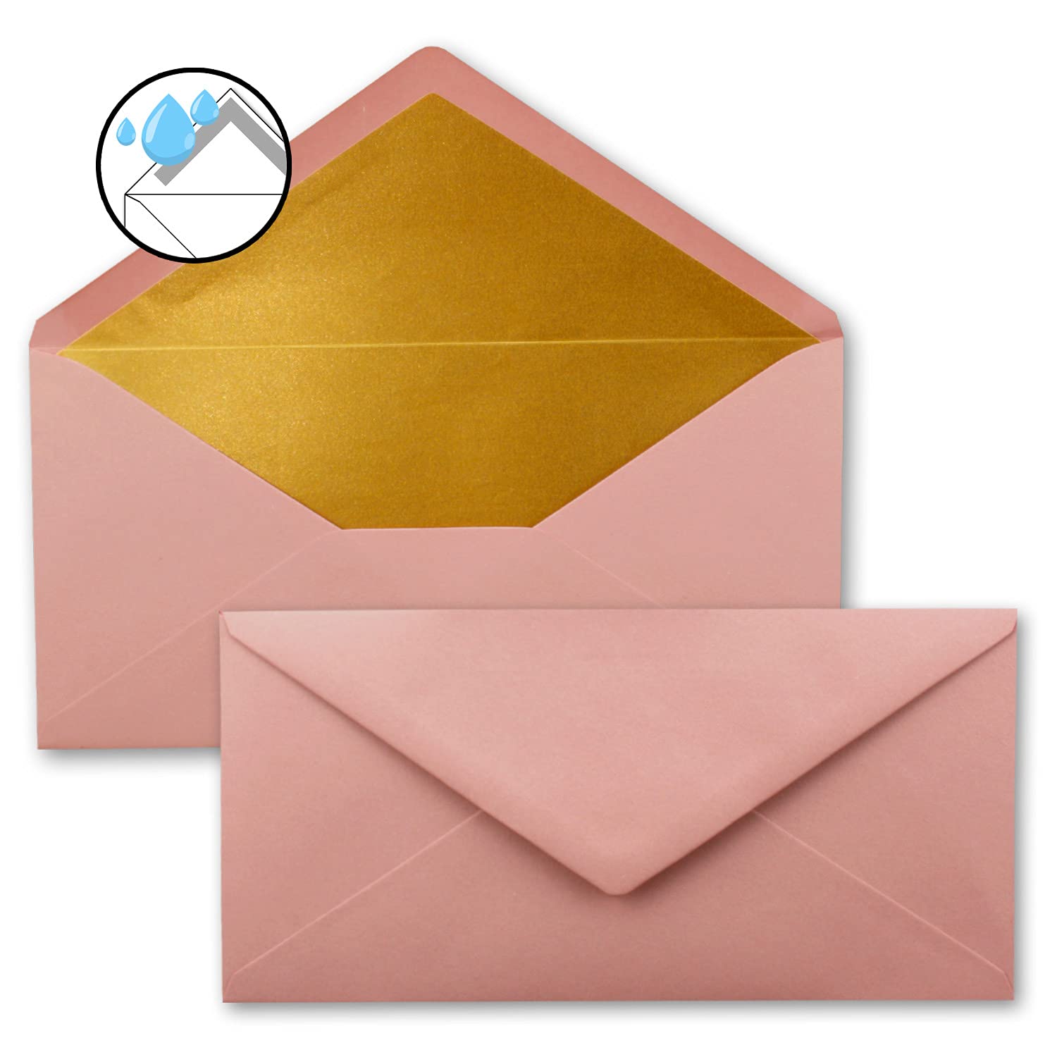 Lot de 50 cartes pliantes avec enveloppes doublées en soie dorée et feuilles blanches Rose vieilli 10,5 x 21 cm