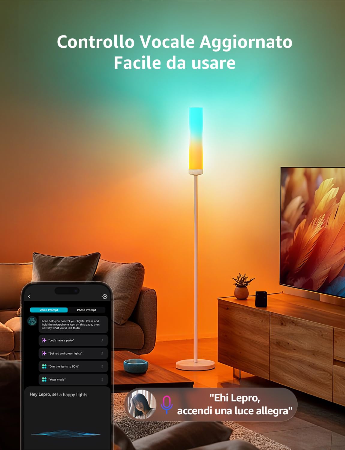 Lepro O1 AI Lampada da Terra,Piantana Moderna per Soggiorno,Musica Sincronizzazione per Festa,Gaming,TV,Compatibile Alexa/Google Home,Progettista Illuminazione AI Personalizzato,RGBIC,1800 Lumen