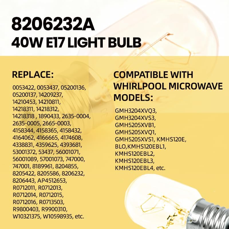 2 Pack 8206232A Microwave Oven Light Bulb 125V 40W E17 Base, Compatible with Whirlpool Maytag GE, Fits Over The Range/Under Hood Microwave