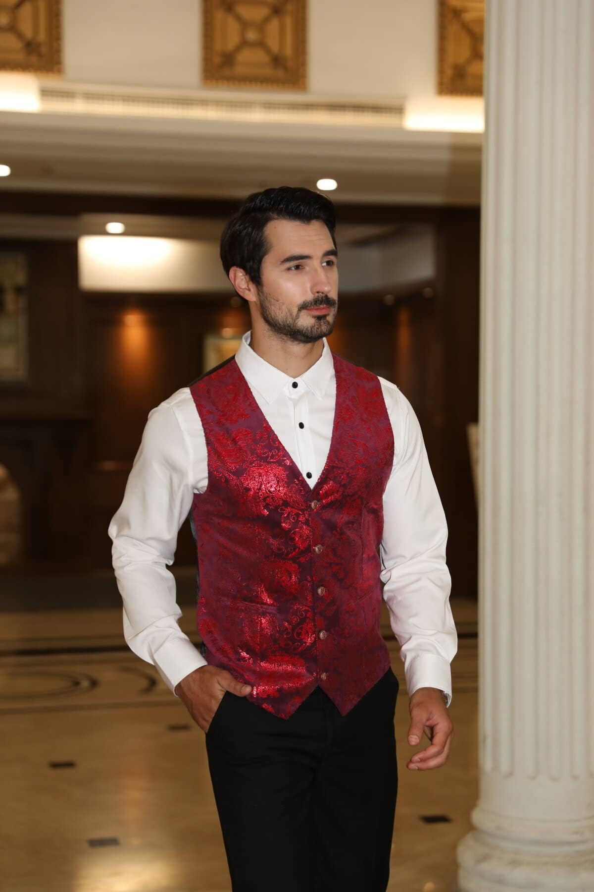 Allthemen Gilet Homme Classique Paisley Floral Jacquard Gilet Mariage Luxe Soirée Slim Fit Gilet de Costume pour Homme