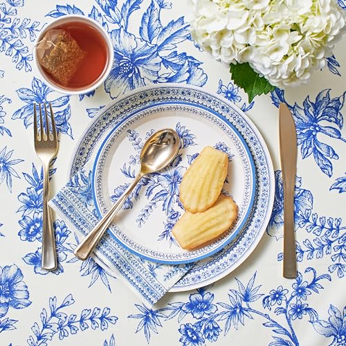 Image of Coterie Blue Toile Paper Tablecloth | Rectangle Tablecloth /Table Cover for Bridal and Baby Shower, Tea and Garden Party, Birthday | 8.5' by 4.5' Table Cloth Rectangle Table
