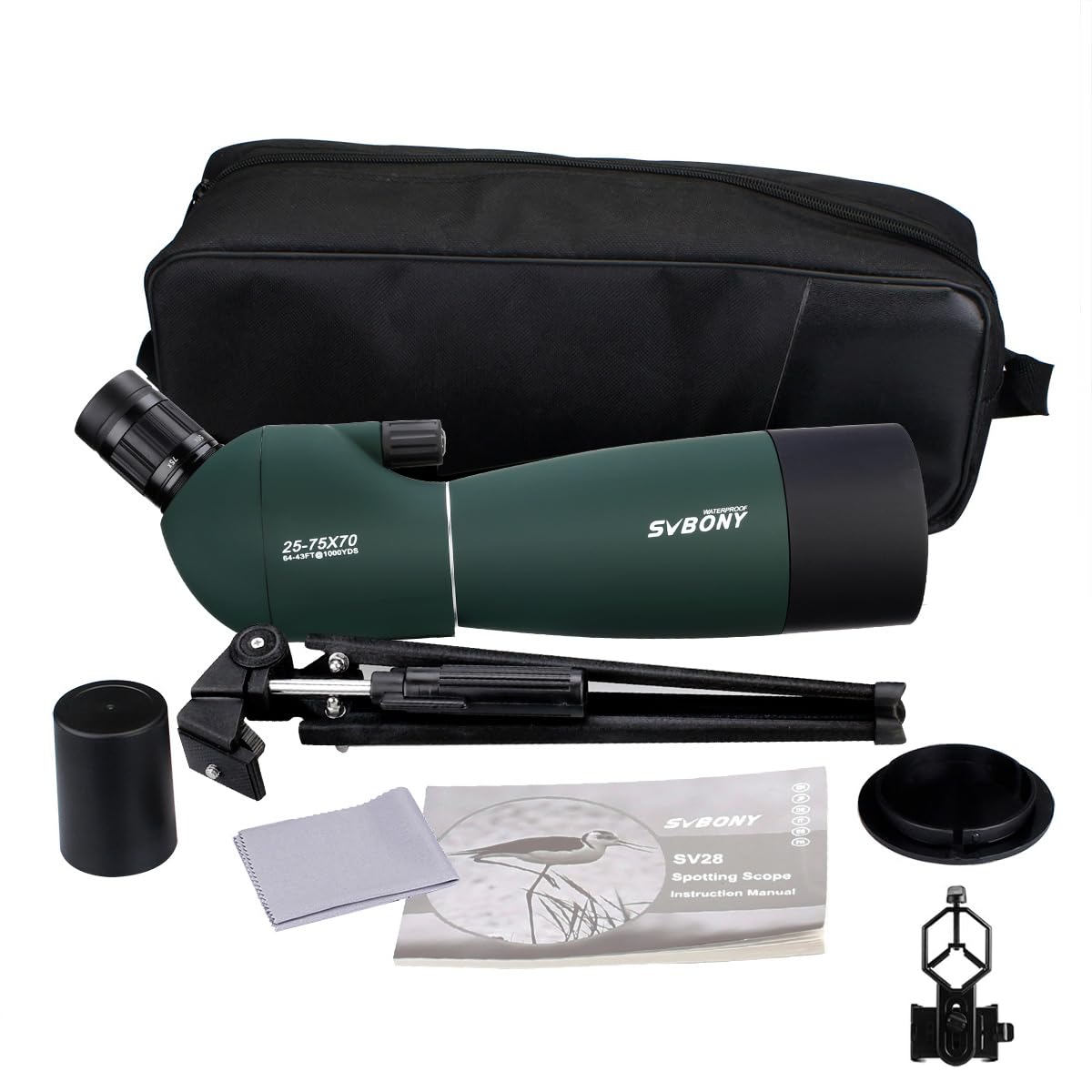 Svbony SV28 Longue Vue 25-75x70 Bak4 Porro Prisme Imperméable Monoculaire Puissante avec Adaptateur Téléphone Trépied