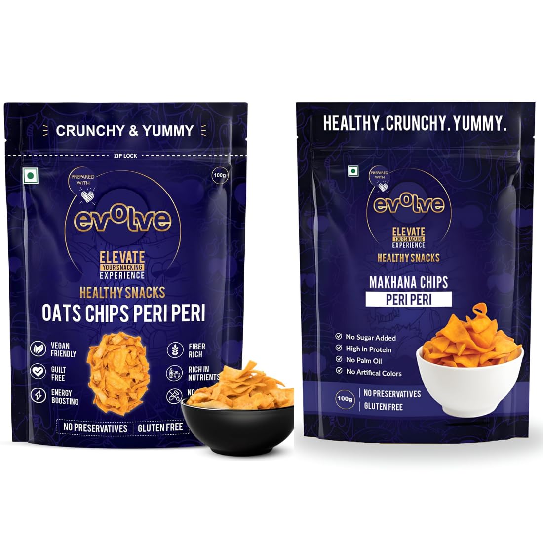 Evolve Snacks Oats & Makhana Chips Peri Peri | Light & Crispy, high protein | Natural ingredients, No Palm Oil, No Artificial Preservatives, Trans Fat Free, Low Calorie | 200g - Pack of 2 (100g each)-image-10