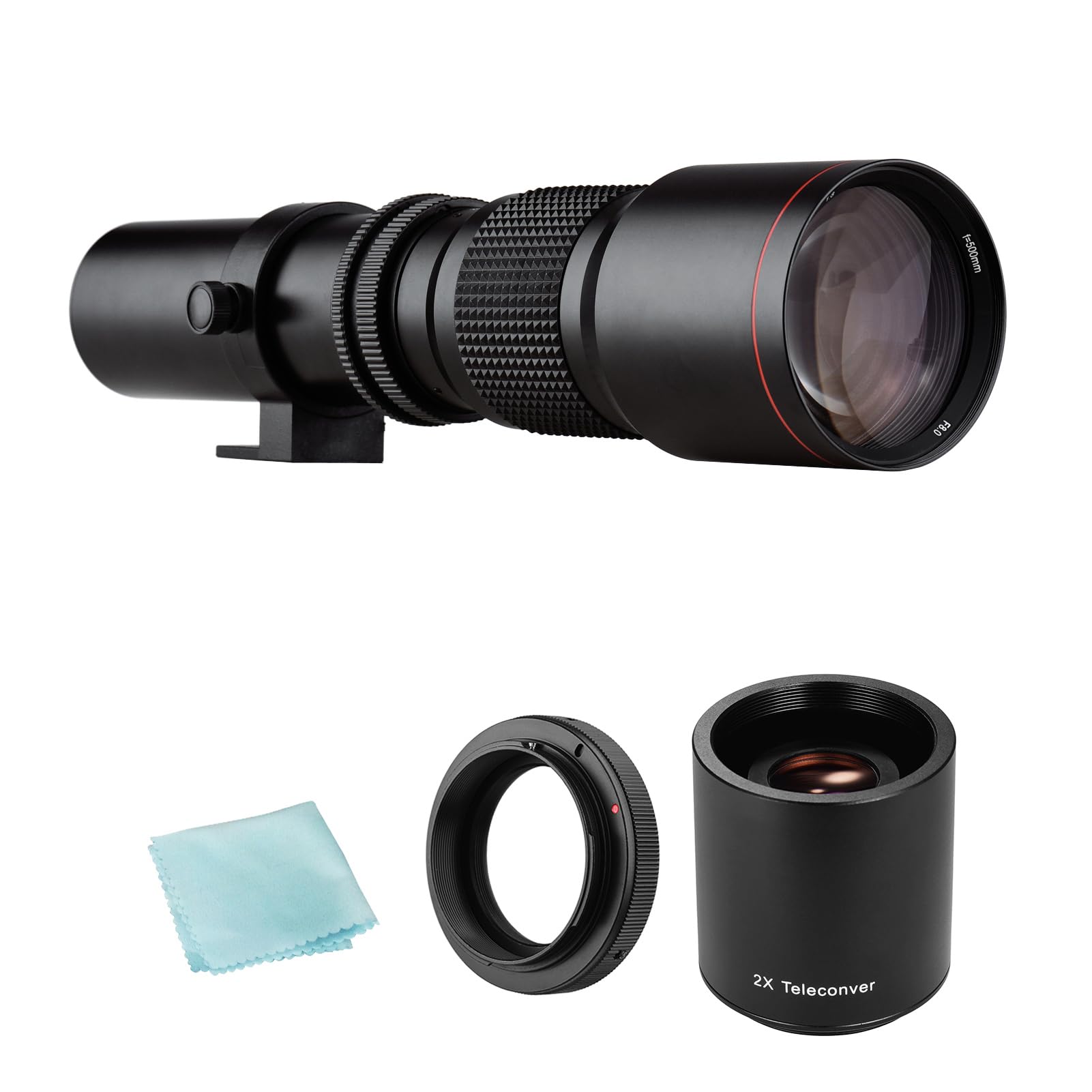 HUIOP teleobjetivo Zoom Cámara Super Teleobjetivo 500 mm F/8.0-32 Zoom Manual T-Mount + 2 Lentes teleconvertidores de 500 mm + Anillo Adaptador T2- de Repuesto para Canon Rebel T7 T7i T6 T6i T5 80D 7
