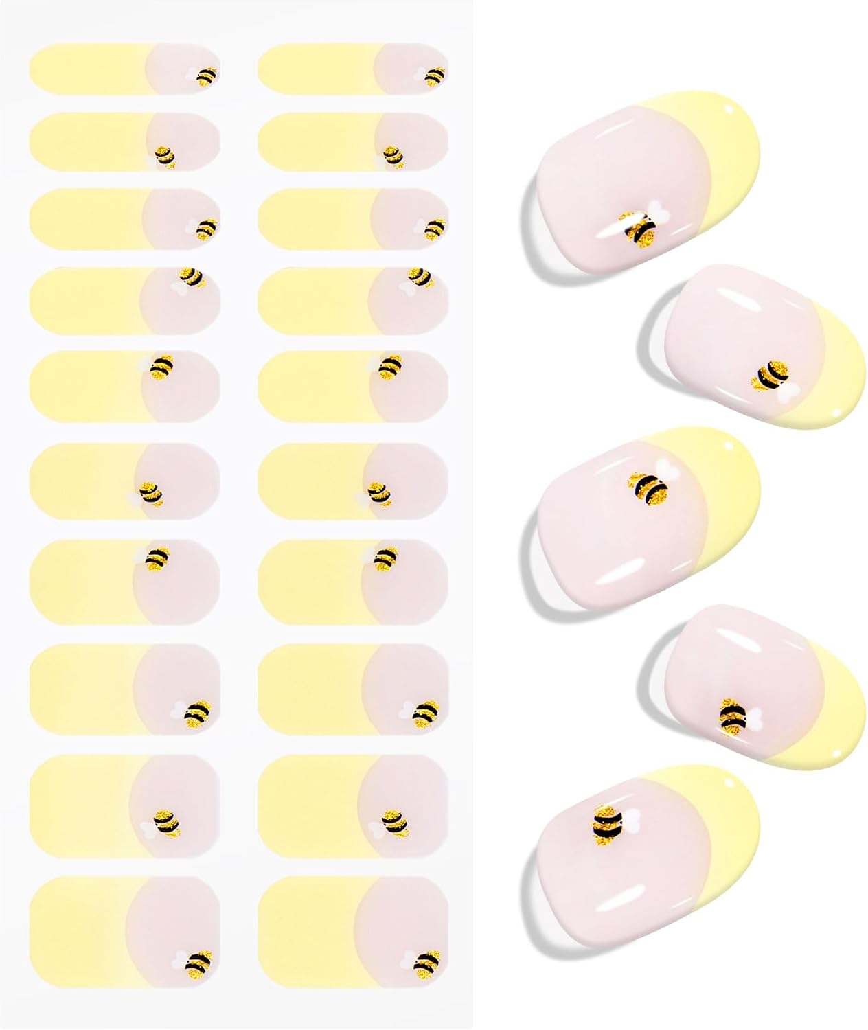 JMEOWIO Gel Nail Stickers Bee Yellow French Tip Semi Cured Gel Nail Strips Wraps UV/LED Nails Art Design Decoration Accessories