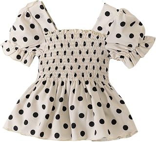 Girl's Polka Dots Square Neck Puff Short Sleeve Shirred Blouse Top