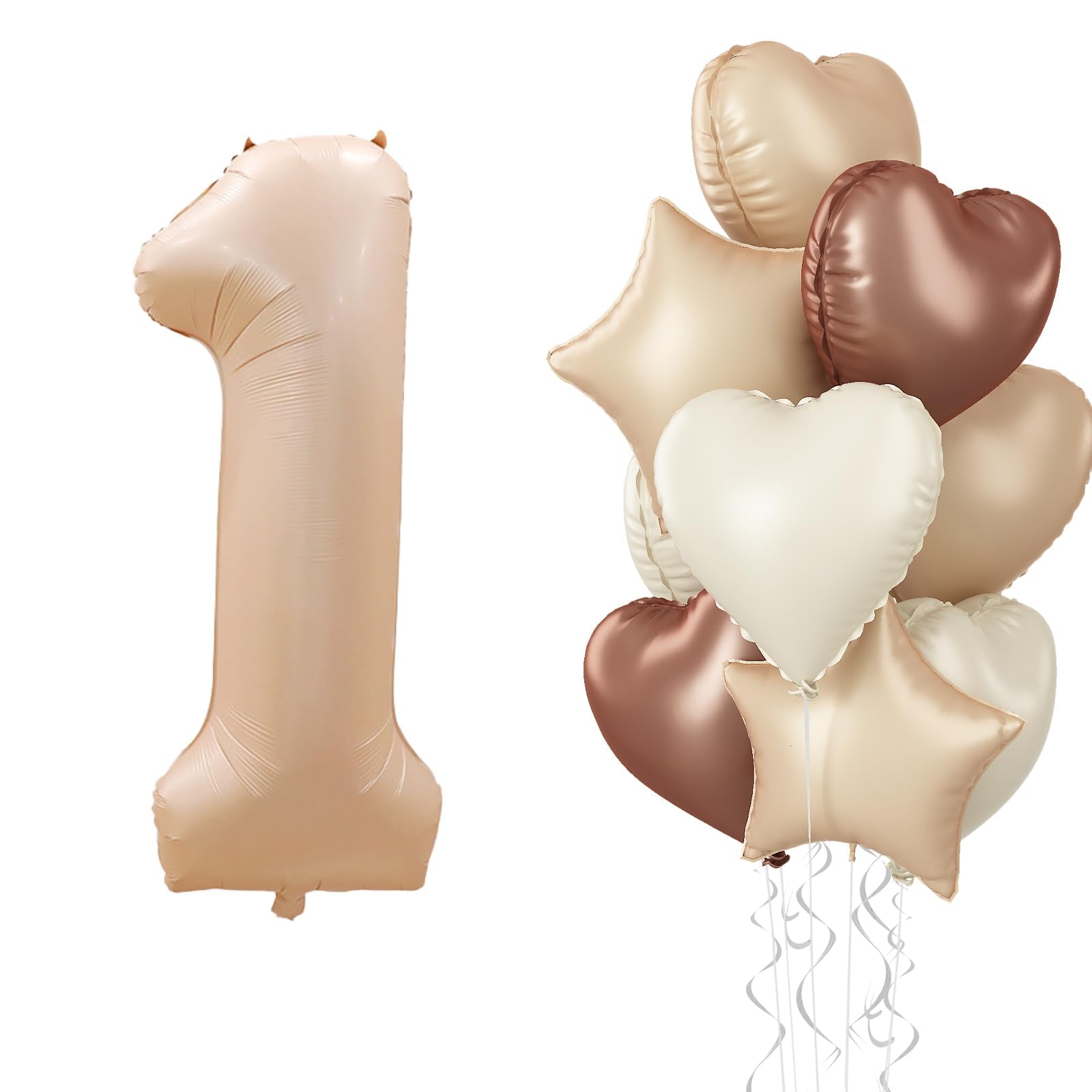 40 Inch Number 1 Balloon Decor, Cream Brown Foil Neutral Heart 1 Balloons with Taupe Star Helium Balloon for Girls Boys 1st Birthday Anniversary Baby