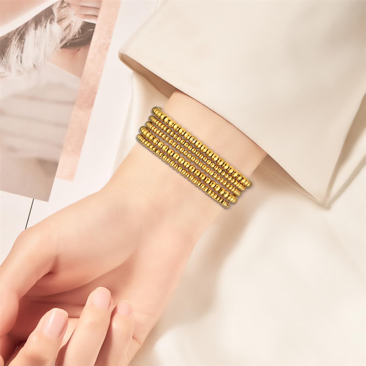 fastgo Gold Beaded Bracelet Band Compatible with Apple Watch Band 41mm/40mm/38mm/44mm/45mm/42mm/49mm Women, Dressy Elastic Stretchy Beaded Strap for Iwatch Series 9 Ultra 8 7 6 5 4 3 2 1 SE(Gold) - Image 7