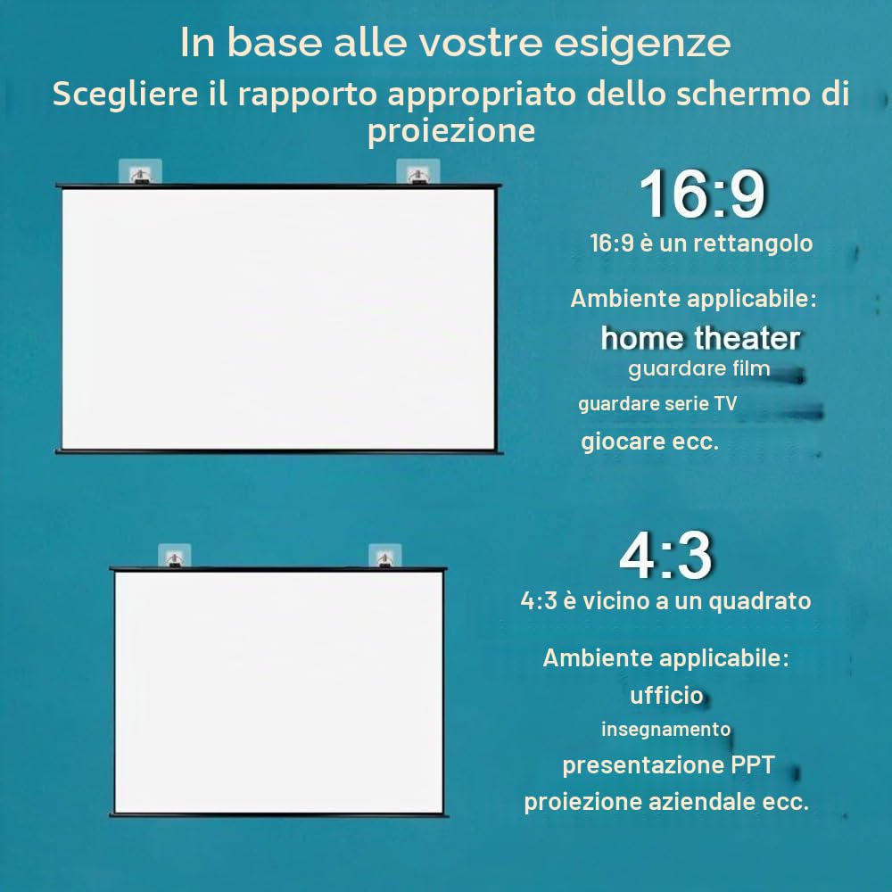 Schermo di Proiezione HD Schermo Proiettore Avvolgibile Manuale 50 Pollici 60 Pollici 72 Pollici Telo Proiettore Home Theater per Esterni Interni, Formato 16:9 4:3(72 inch (16:9))