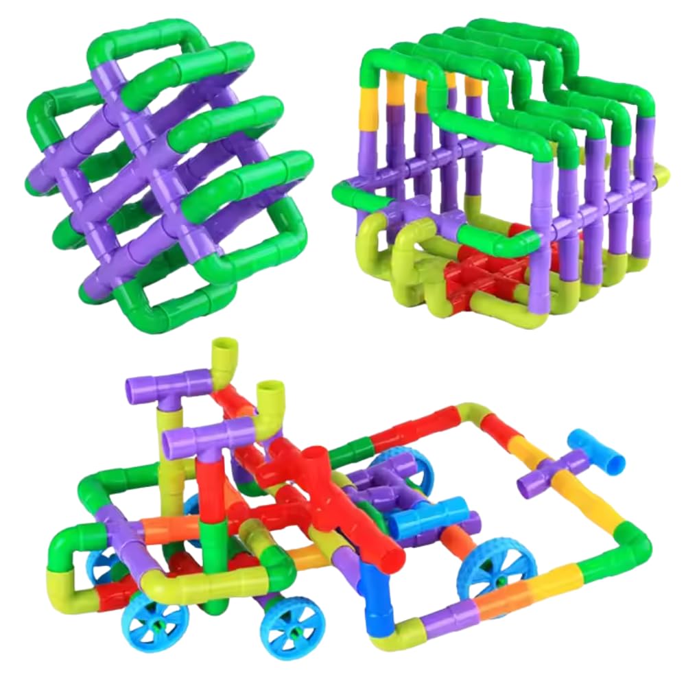 PlayMagic STEM Learning 100 Pcs Pipe Tube Toy with Wheels | Pipes, Joints, Tube Locks | Construction Building Blocks Set |