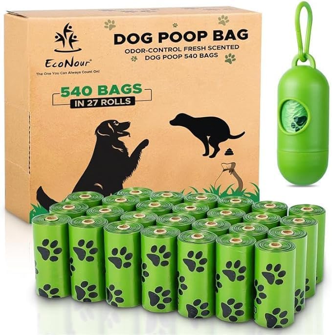 EcoNour Dog Poo Bags 540 Counts Biodegradable Poop Waste Bag with Odor-Masking Scent and Dispenser - 100% Leak Proof Convenient Dispensing, Durable & Generously Sized Dog Poop Bags for Pet Owners