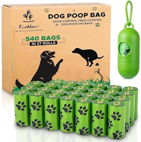 EcoNour Dog Poo Bags 540 Counts Biodegradable Poop Waste Bag with Odor-Masking Scent and Dispenser - 100% Leak Proof Convenient Dispensing, Durable & Generously Sized Dog Poop Bags for Pet Owners