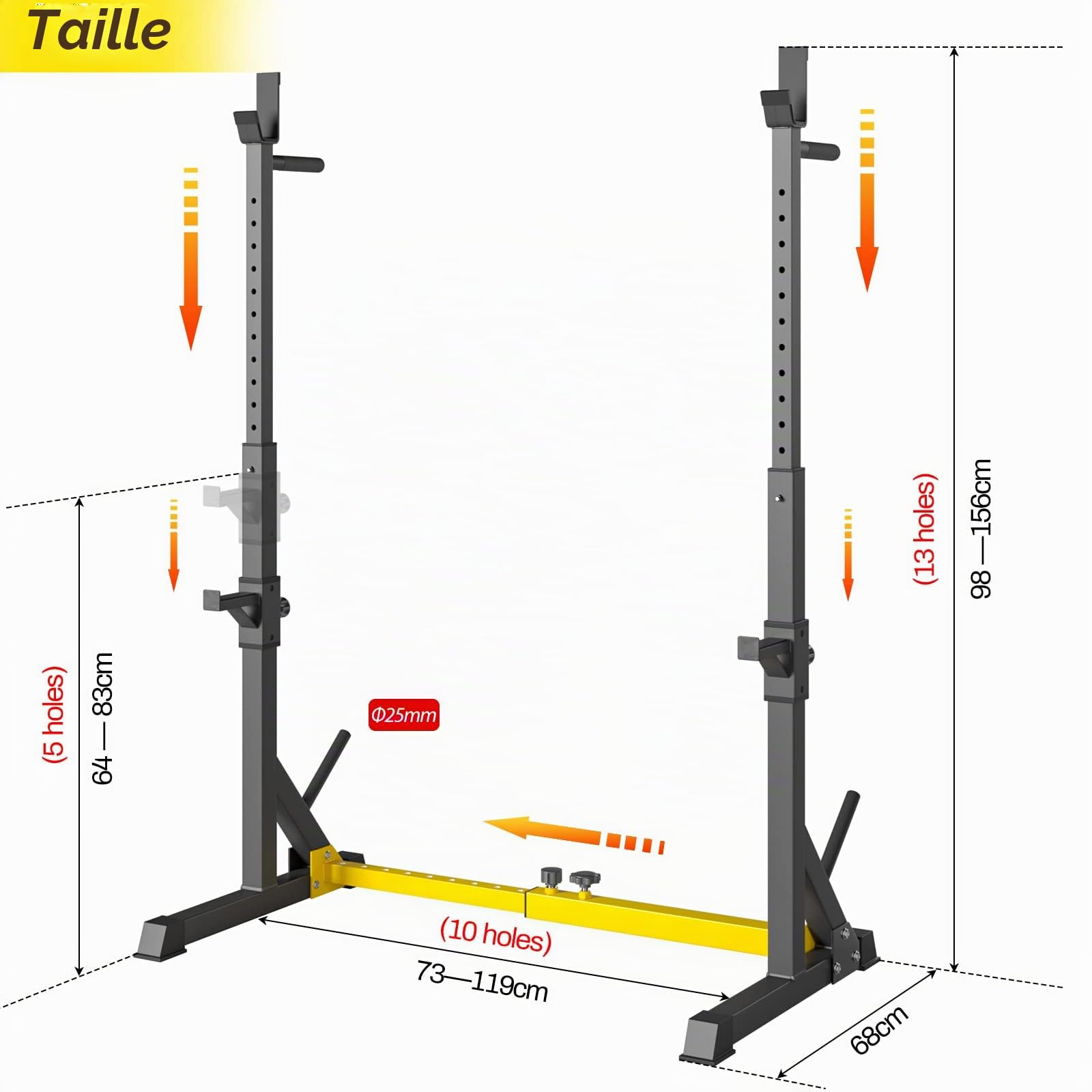 Squat Rack, Support d'Haltères Réglable, Cages de Squat Multifonction, Repose Haltères, Chandelles Musculation pour Gym, Domicile Max.250 kg