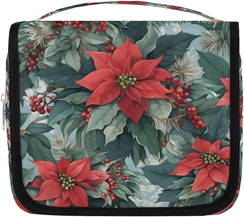 Art Christmas Poinsettia Decor Toiletry Bag for Women, Travel Makeup Organizer with Hanging Hook, Traveling Cosmetic Bags for Toiletries Accessories