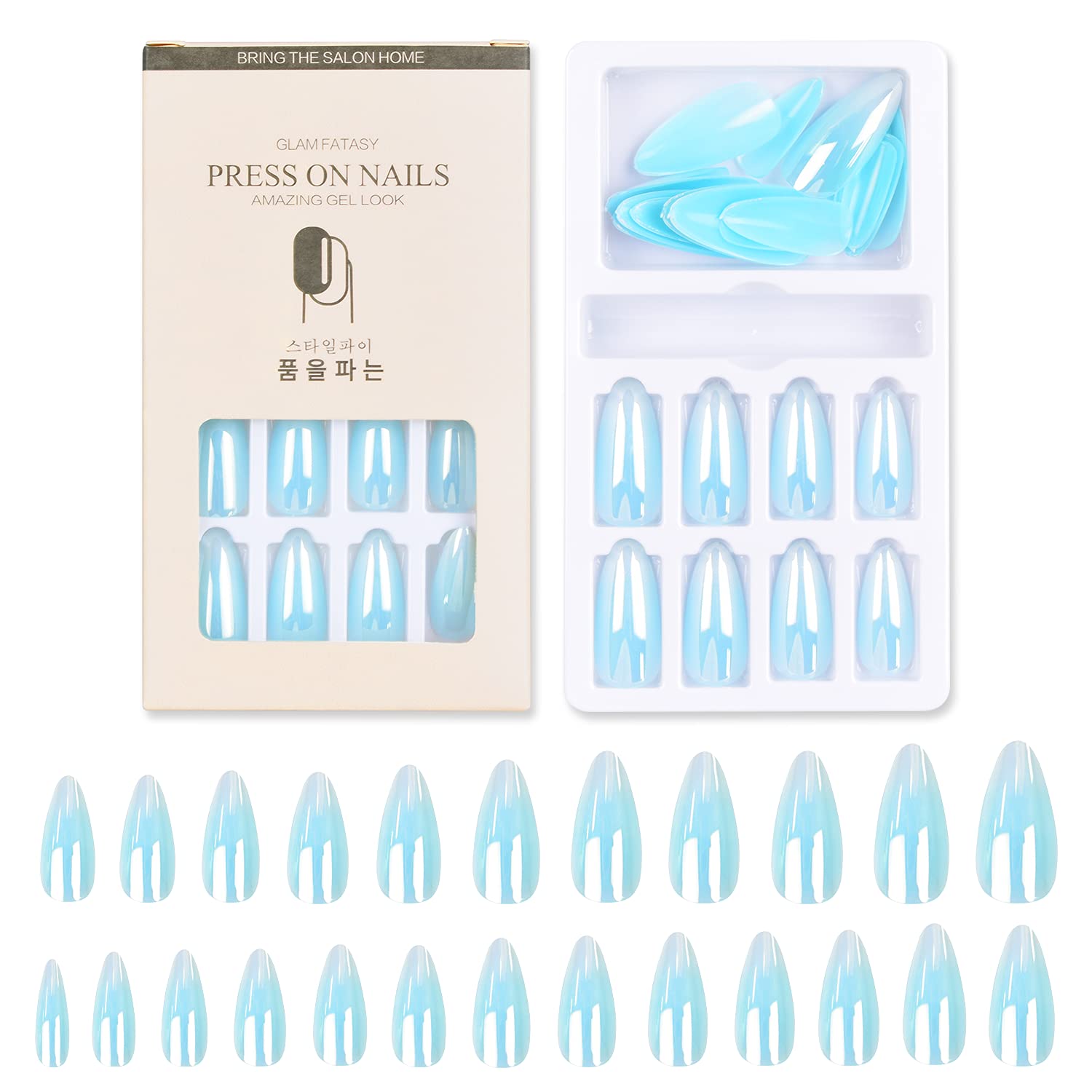 24 Pcs Press on Nails, Fake Nails Glossy Gradient Colorful Short Stiletto Professional Acrylic Nail Tips Set, False Nails Medium Long with Adhesive Tabs Nail File (Skyblue)