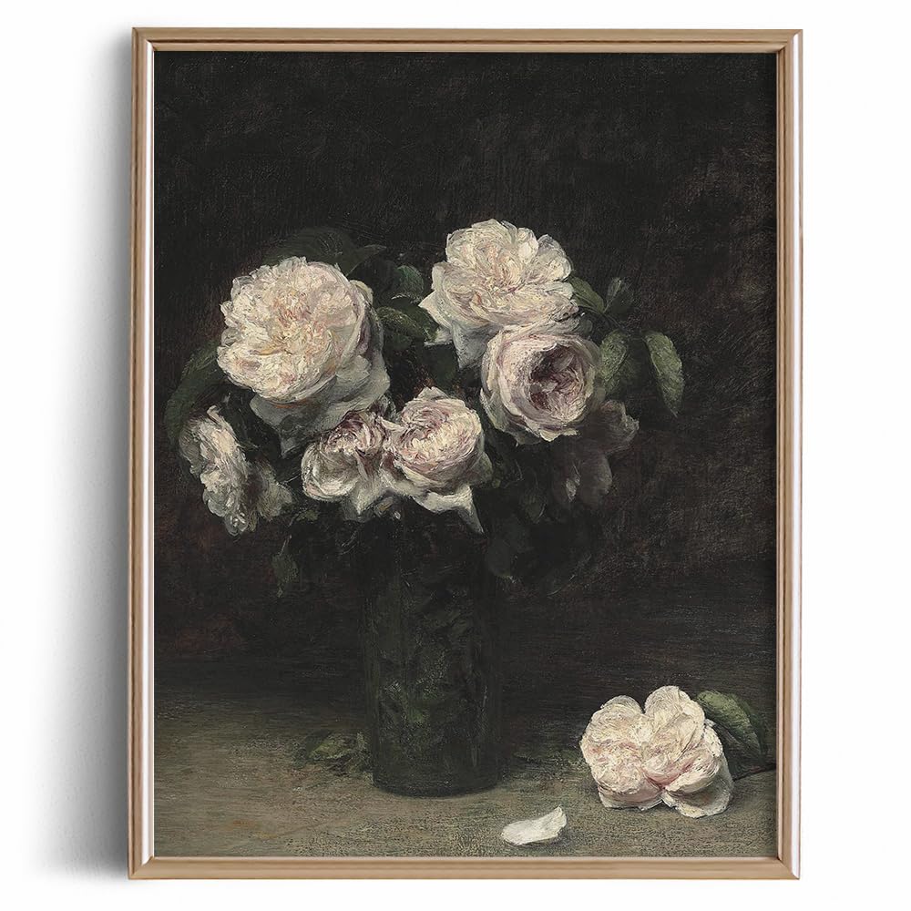 Farmhouse Still Life Picture Living Room - Rustic Vintage Decor for Bedroom - 11 x 14 Art Print - Pink Rose Blossom Flower Moody Muted Painting - Art