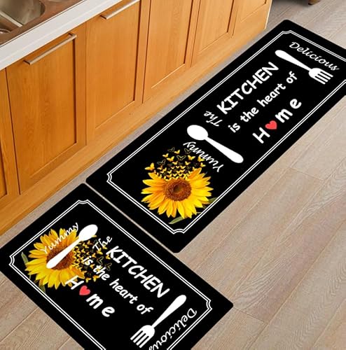 PCSWEET HOME Sunflower Kitchen Rugs and Mats, Kitchen Floor Mat Non-Slip, 2 Piece Kitchen Rugs Set, Washable Kitchen Rugs and Mats Set of 2(Black, 50cm x 80cm + 50cm x 120cm)