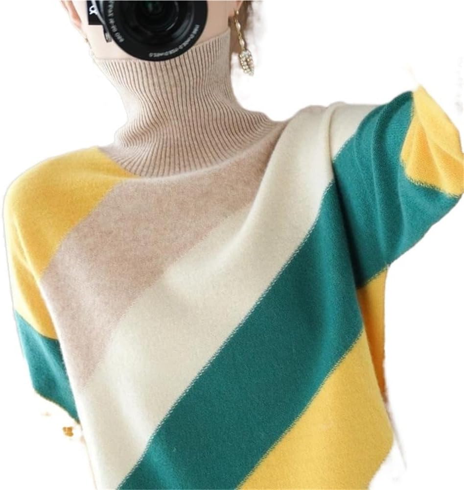 zhangxin ピュアウール女性用モックネックカラーブロックスウェットシャツ暖かいオールマッチニットトップ(A,XL)