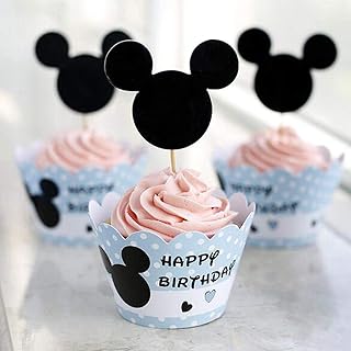Hongkai 48pcs Mouse Cake Cupcake Toppers and Wrappers Picks for Happy Birthday Party Decorations Baby Shower Anniversary Kids Baby Boy Girl First Birthday Party Supplies