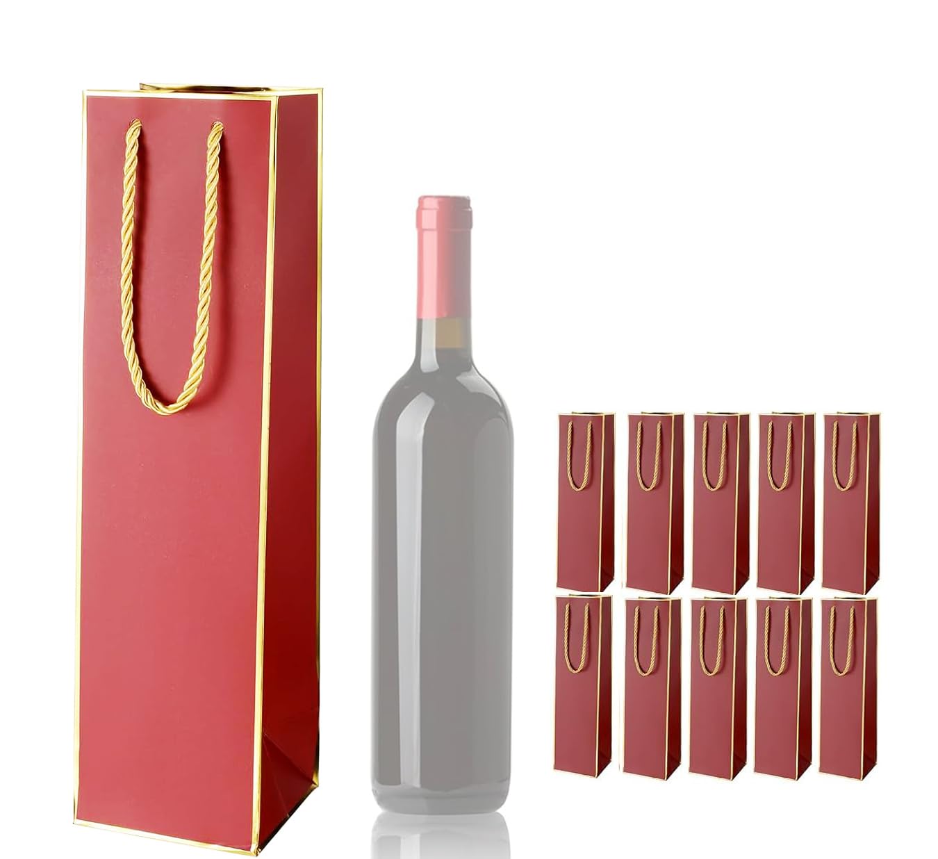 10-Pack Luxury Paper Wine Gift Bags 35x9x9 CM for Single Wine Bottles Tote Carrier Champagne Beer Bottle Bags Pouches for Wedding Festival, Tasting Party Favors, Birthday, Picnic, Christmas Gifts